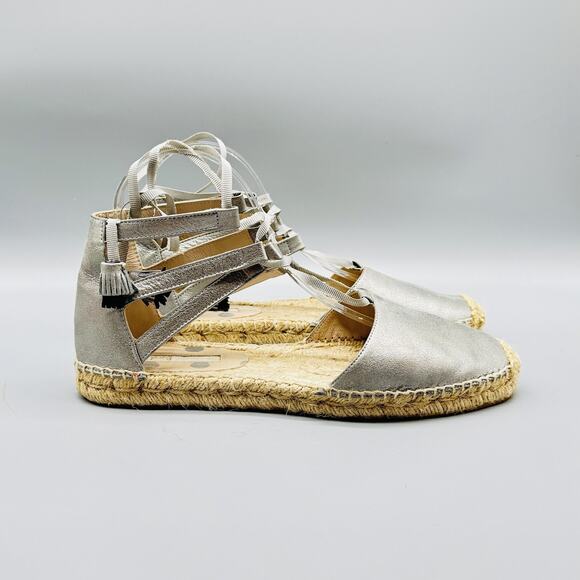 Boden Shoes Womens EU 40 US 9 Silver Leather Espadrille Lace Up Flats Metallic - Picture 1 of 13